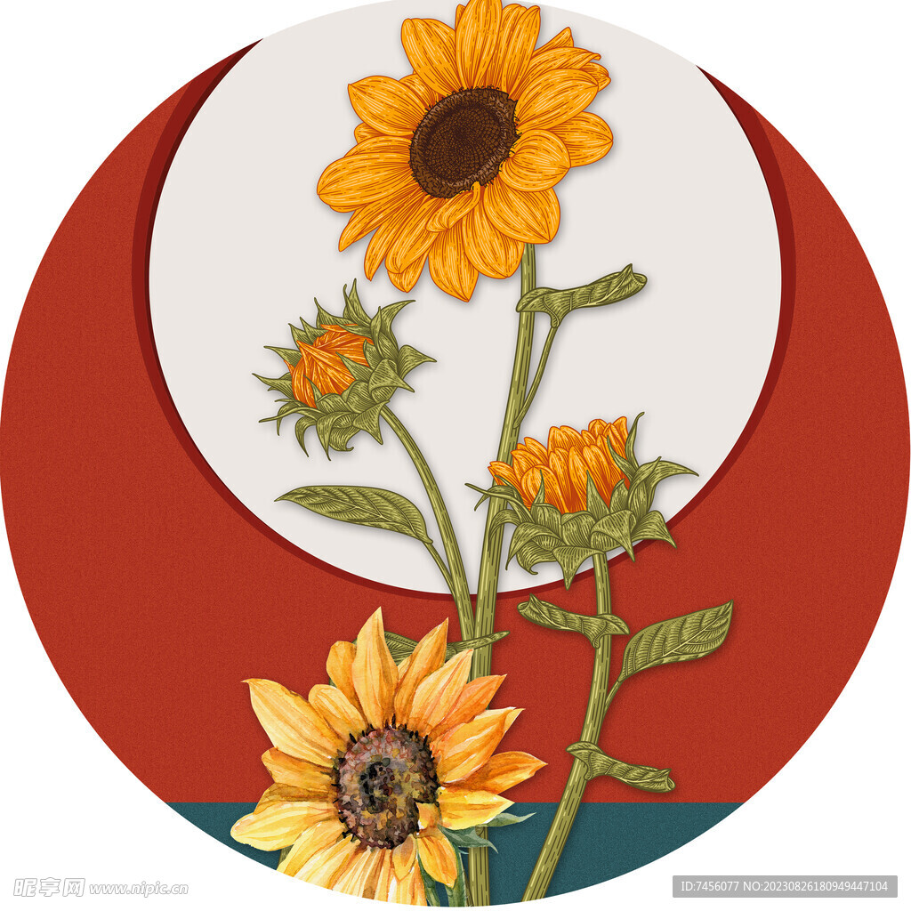 水彩花卉植物圆形挂画装饰画