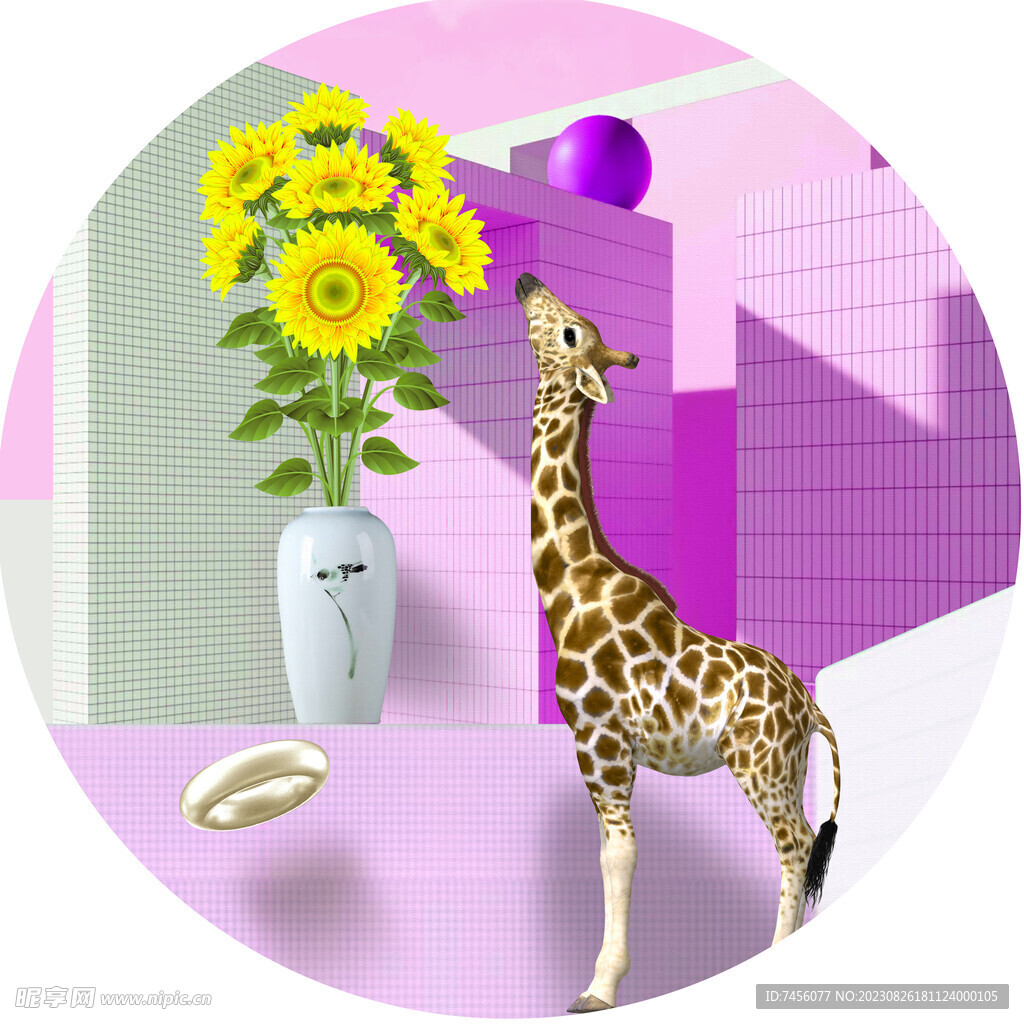 长颈鹿花卉花瓶圆形挂画装饰画