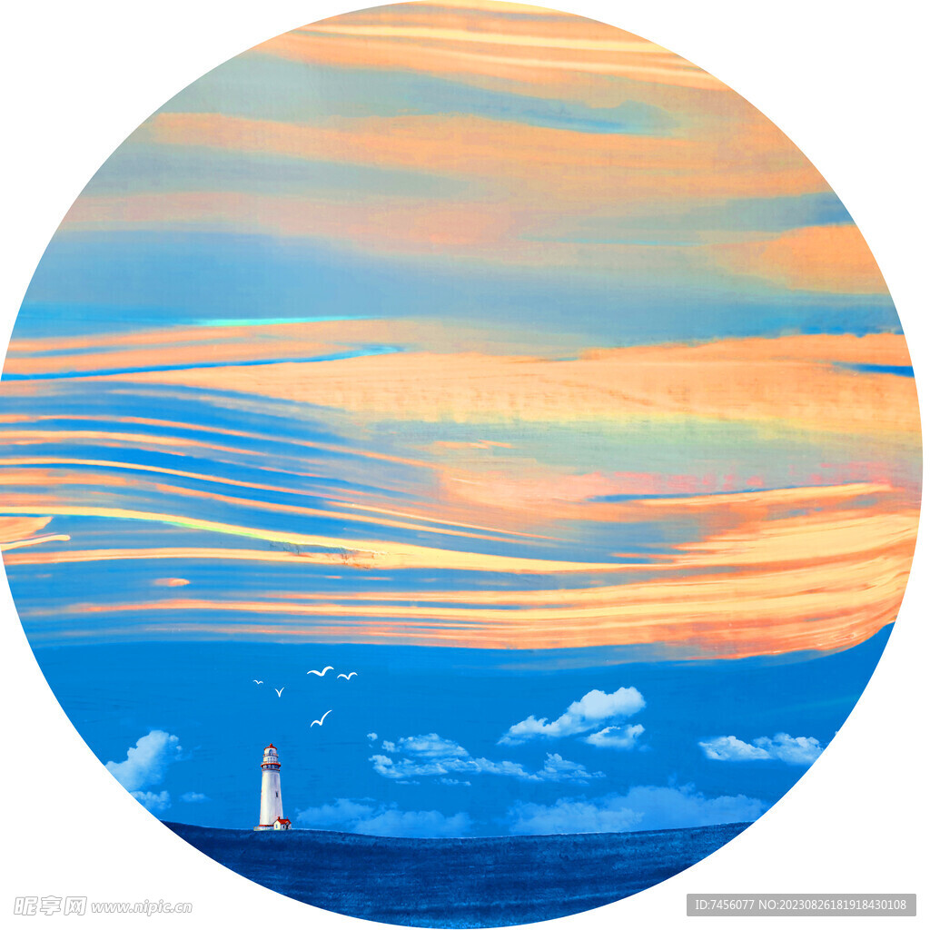 灯塔黄昏美景圆形挂画装饰画