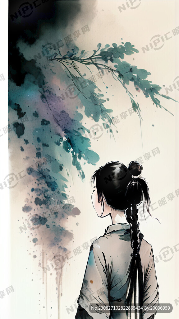 抬头看女孩卡通中国风