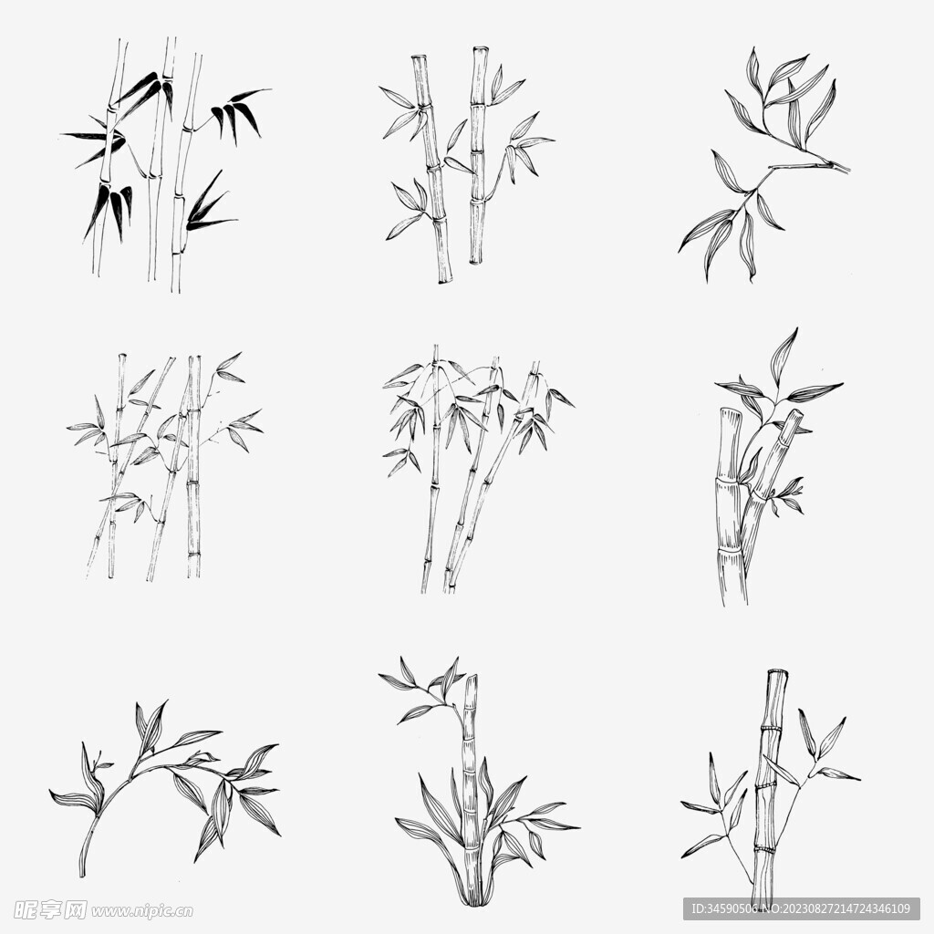 简约黑白水墨线稿中国风竹子素材