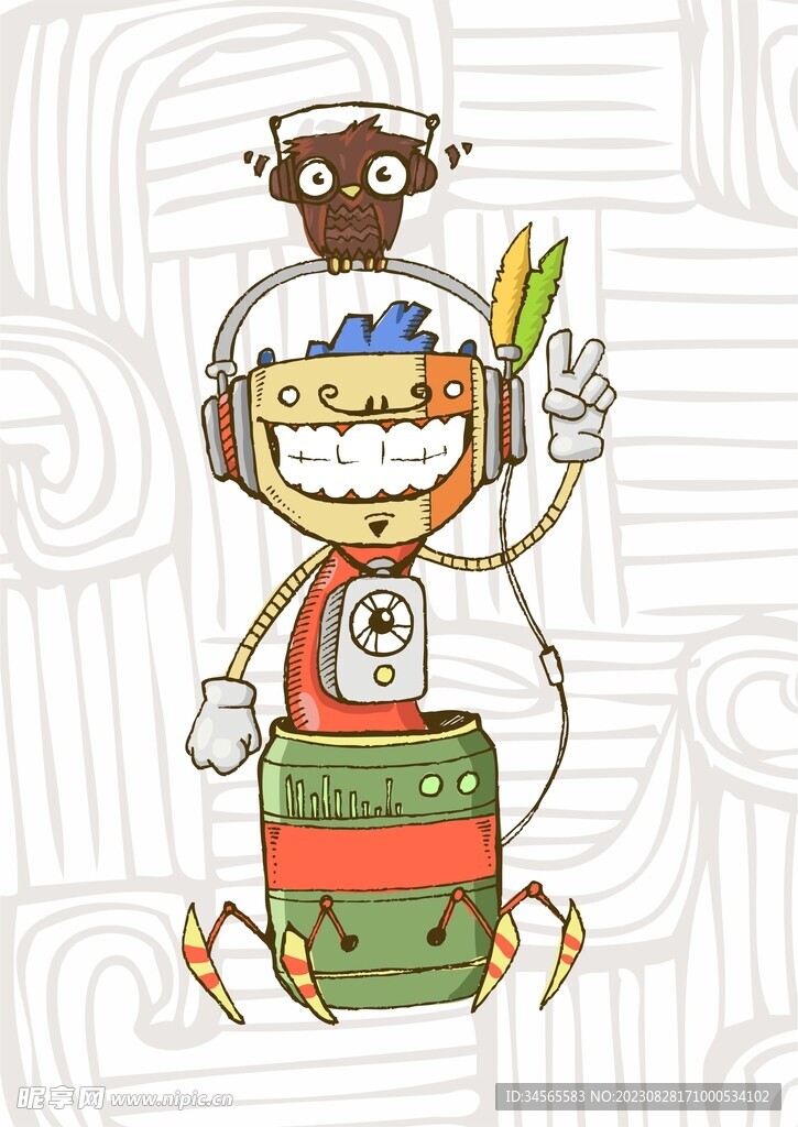 抽象机器人猫头鹰戴耳机听音乐