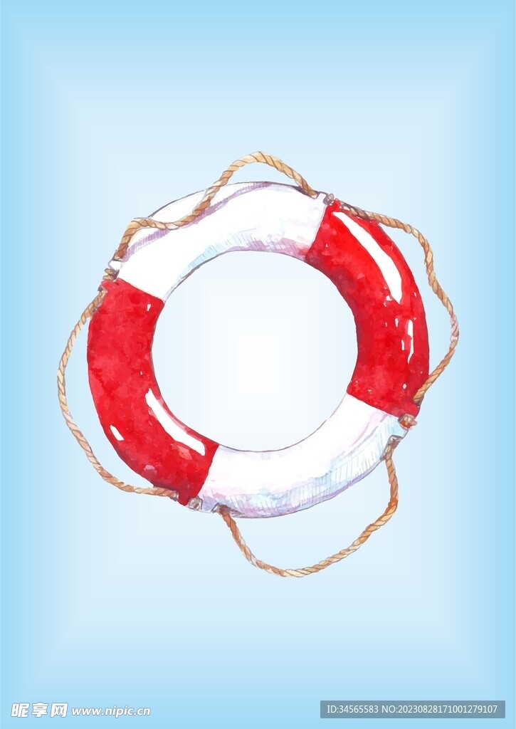 海边红白救生圈水彩画