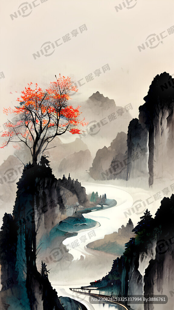 中式国潮风插画 竖版画面 流水