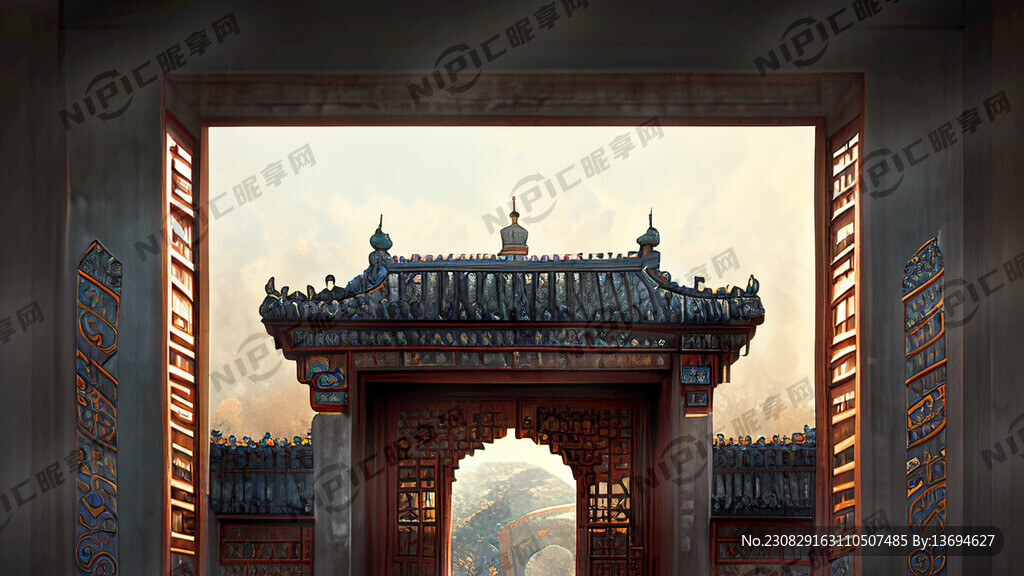 要一个宫殿大门上面有门和窗户