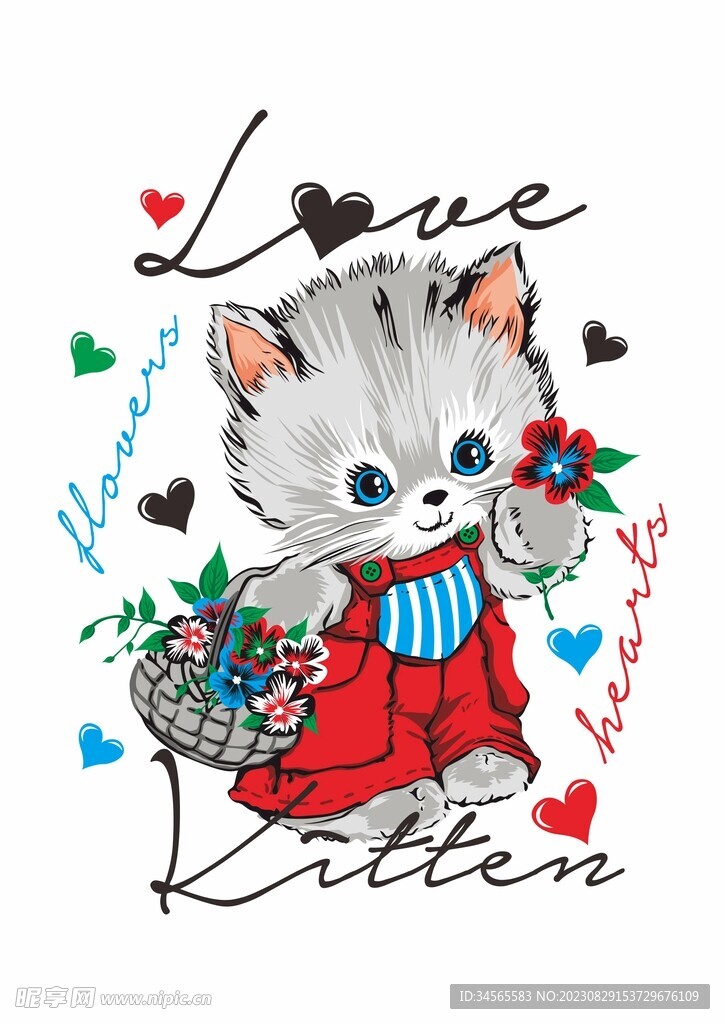 乡间小猫小红花小花篮