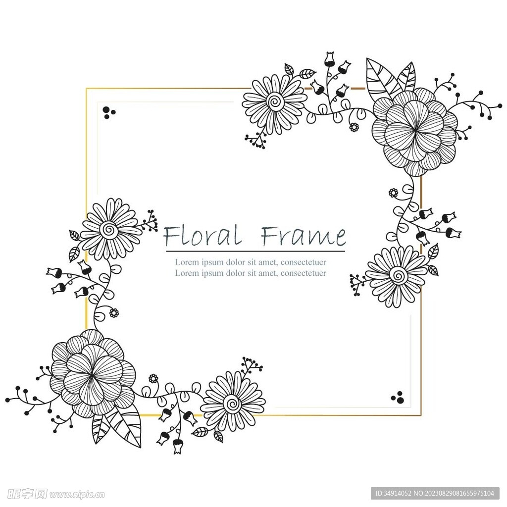 唯美黑白线描花框花边