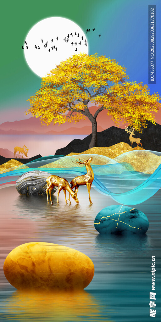 湖畔发财树玄关过道挂画