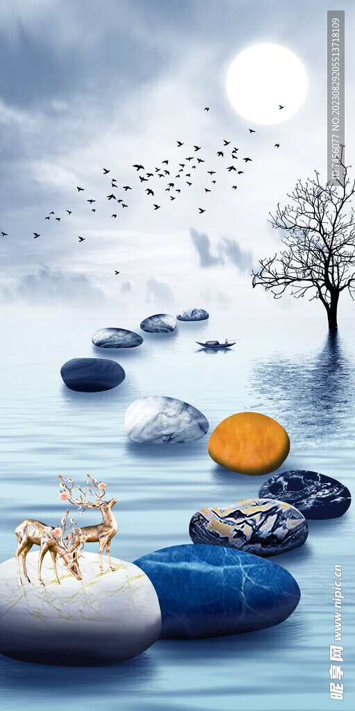 湖畔鹅卵石中式玄关过道挂画