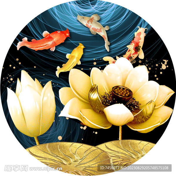 游鱼莲花复古圆形挂画装饰画