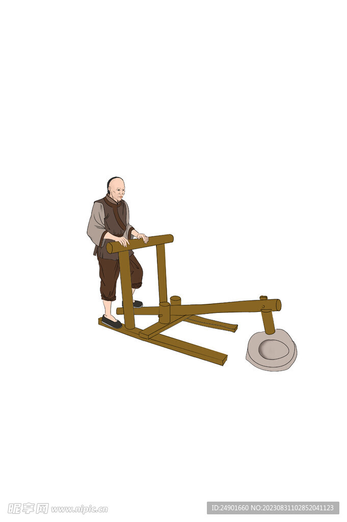 古代人物踩碾子男子