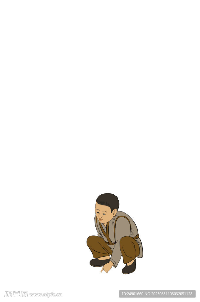 古代手绘人物小孩蹲地上