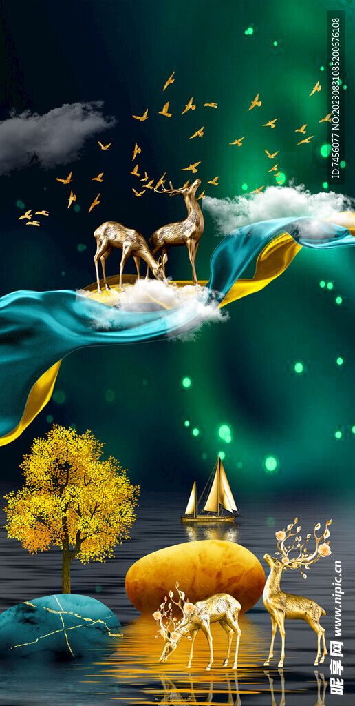 麋鹿水彩树风景画玄关装饰画