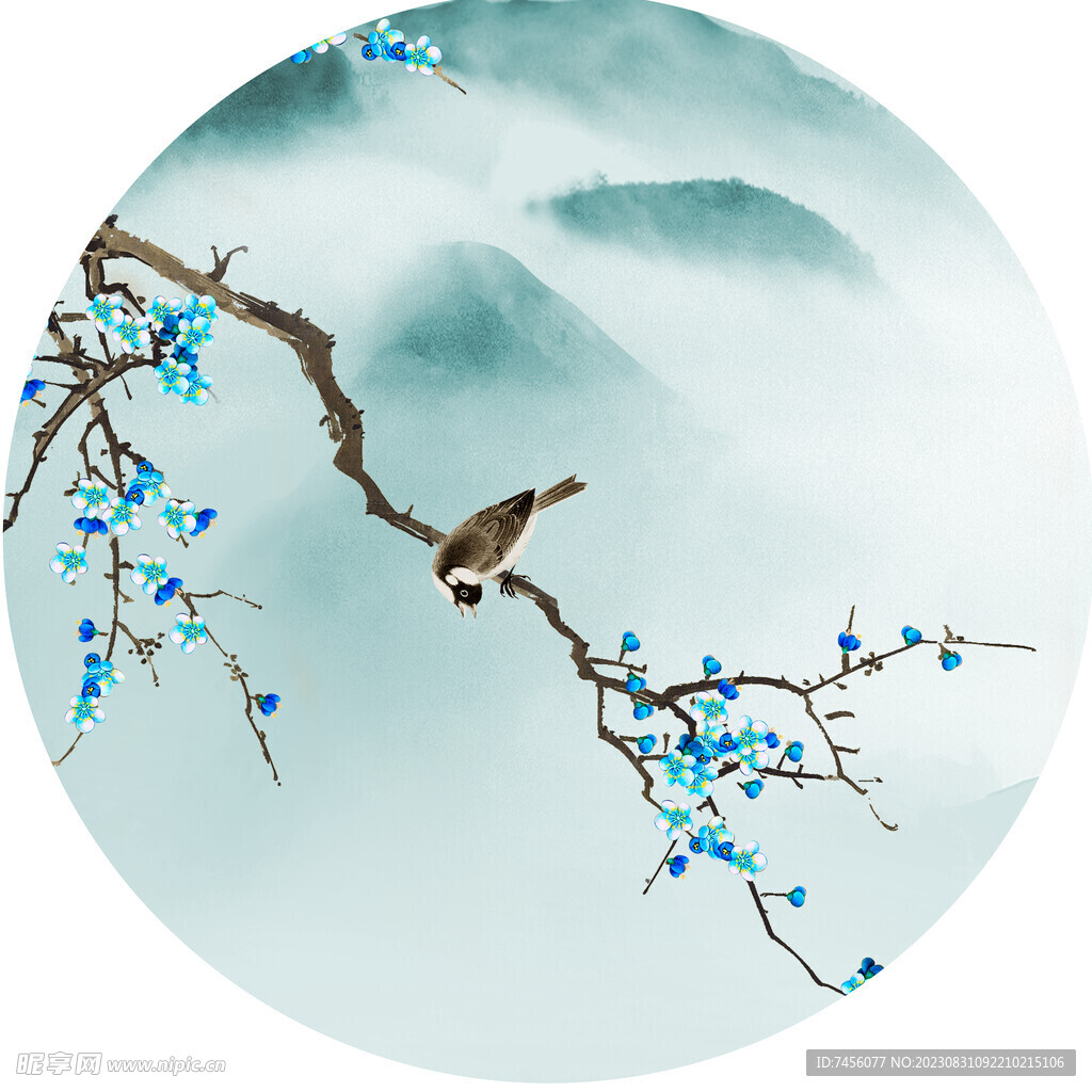花鸟树枝水墨圆形挂画装饰画