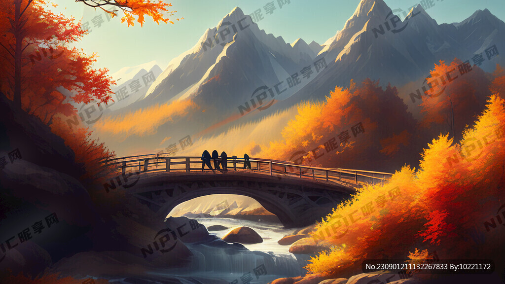 大山 小桥 流水 人家 秋天