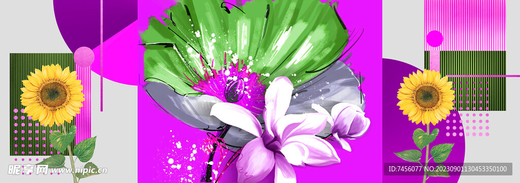 水彩花卉向日葵油画三联画