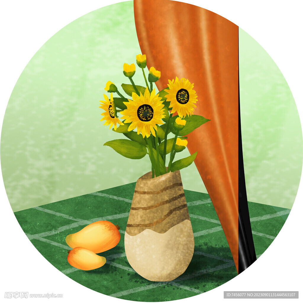 水彩静物花瓶花卉圆形挂画装饰画