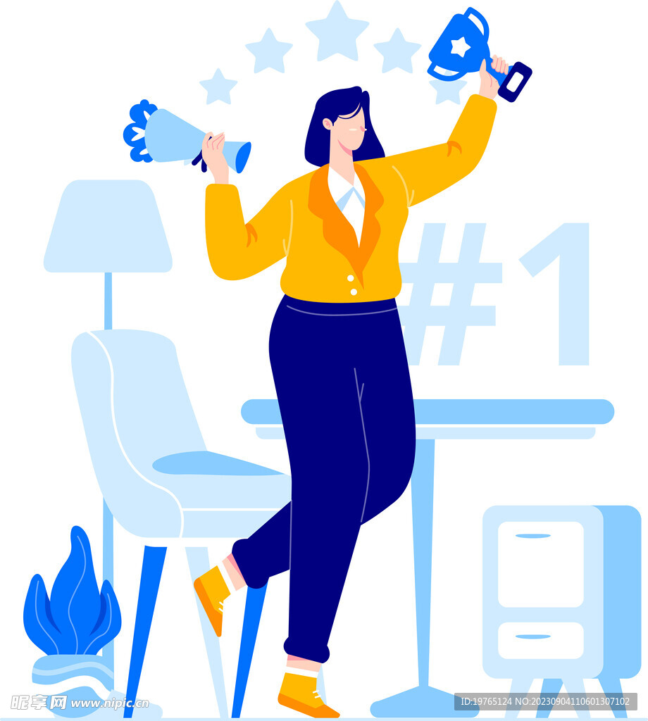 蓝色调扁平风格的人物活动场景