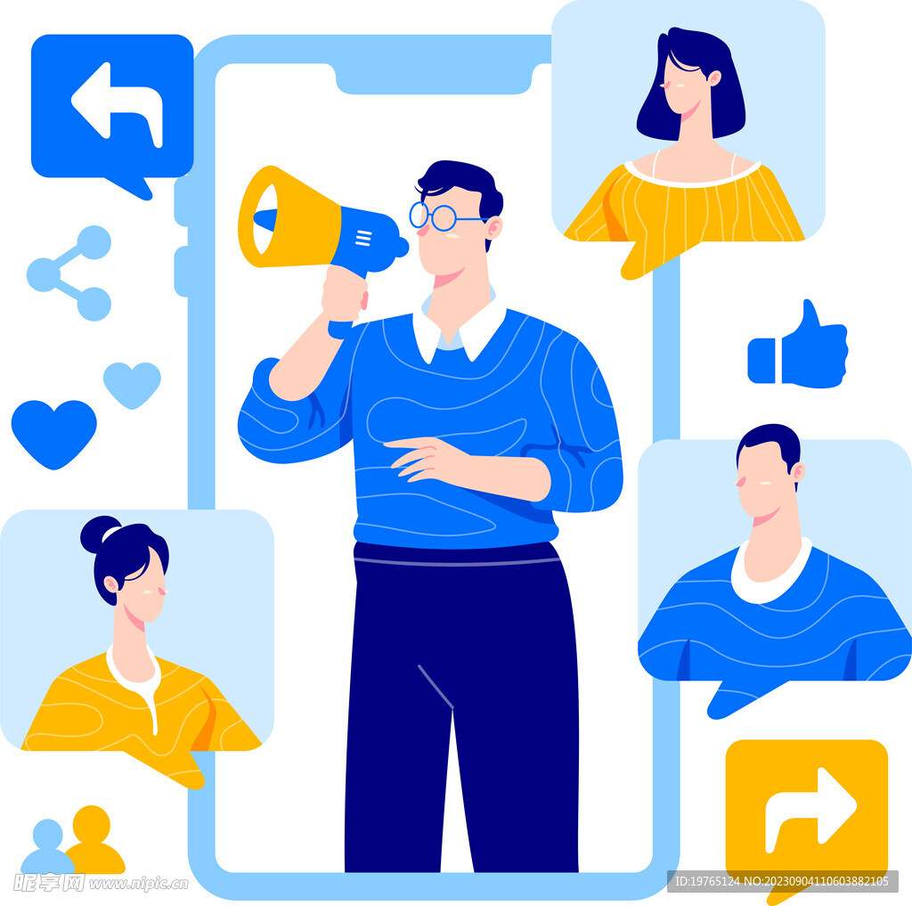 蓝色调扁平风格的人物活动场景