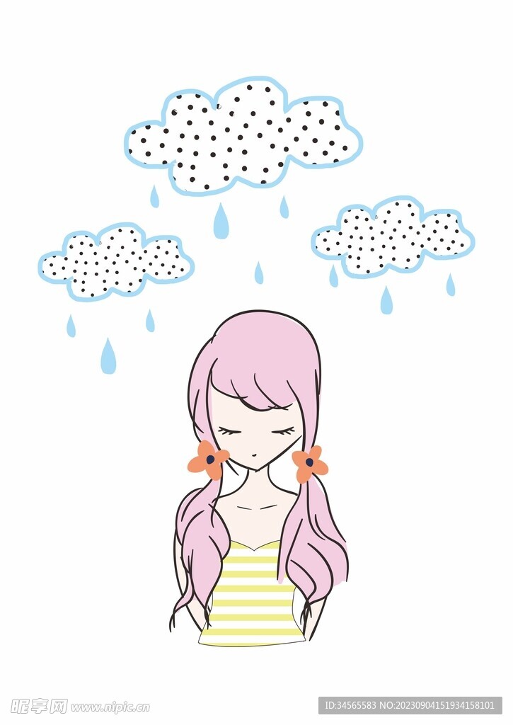 马尾小女生雨天云朵