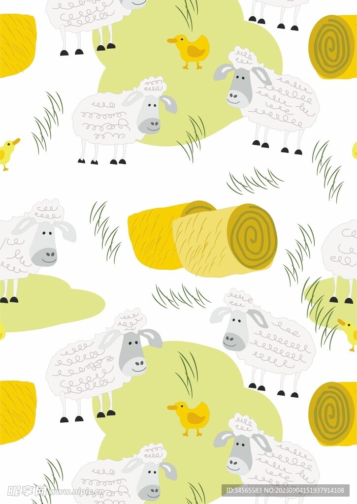 小绵羊草地卷草小鸭子