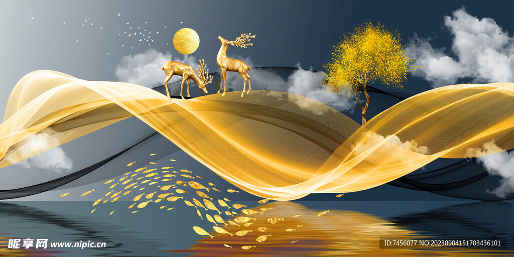 绸带麋鹿水彩湖畔艺术挂画装饰画