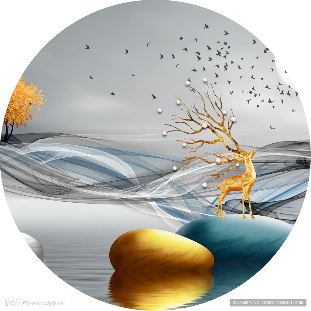 麋鹿山水画圆形挂画装饰画