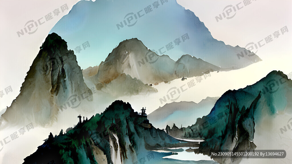 国画山水青山绿水楼阁