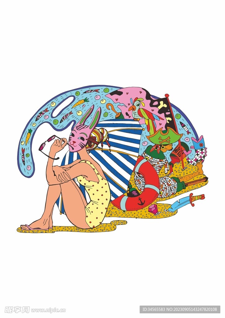 海边 戴面具的女孩 沙滩 小鸟