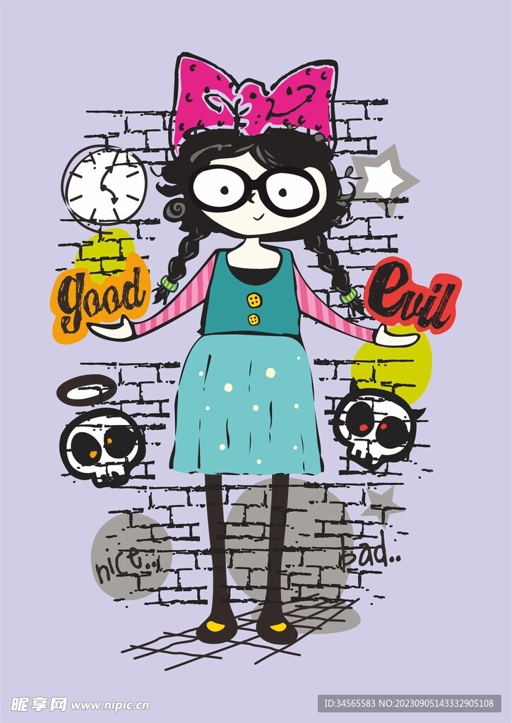 小女生 骷髅头 墙壁涂鸦 蝴蝶