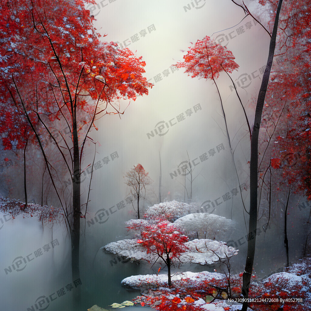 一个冬天森林 有一个荷塘 大雾