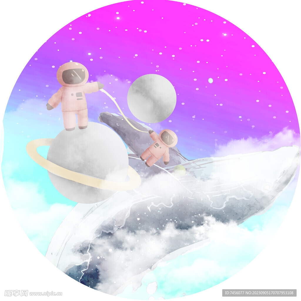 星空宇航员鲸鱼圆形挂画装饰画