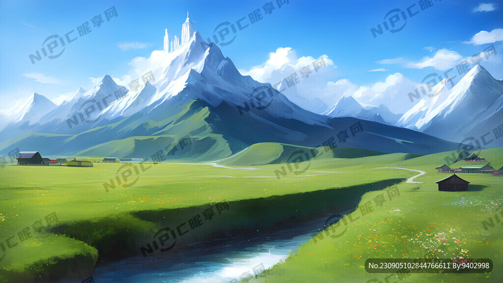 卡通 雪山 草原 河流