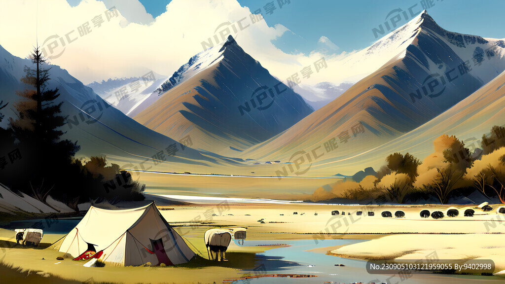 藏族围坐雪山 草原 河流 帐篷