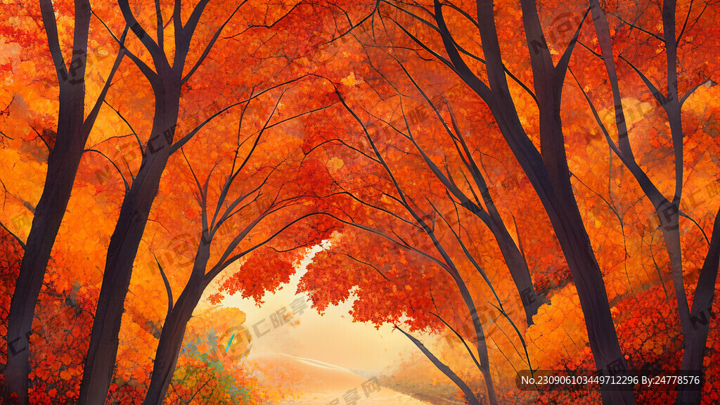 秋天 枫树 落叶 道路 插画