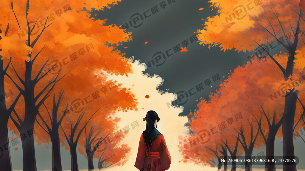 女背影 秋天 枫树 落叶 道路