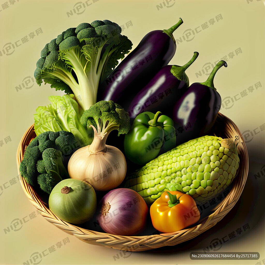 各种水果蔬菜放在一个编织竹篮里