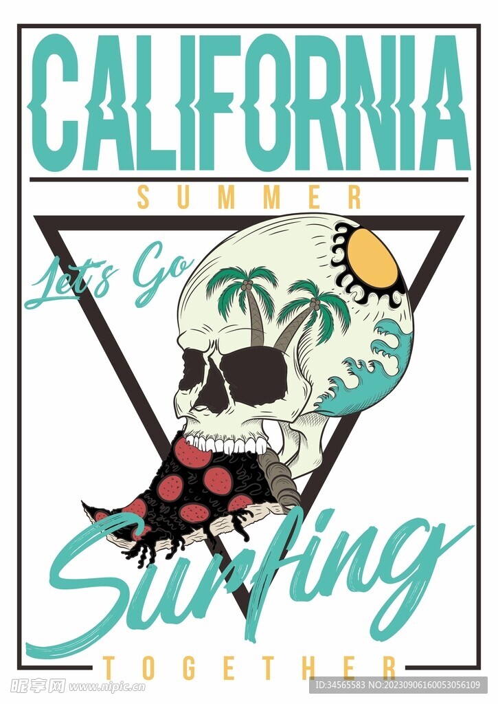 骷髅头吃披萨 椰树 太阳