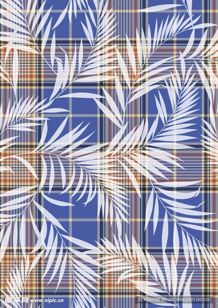 蓝黄格纹 花卉叶子底纹
