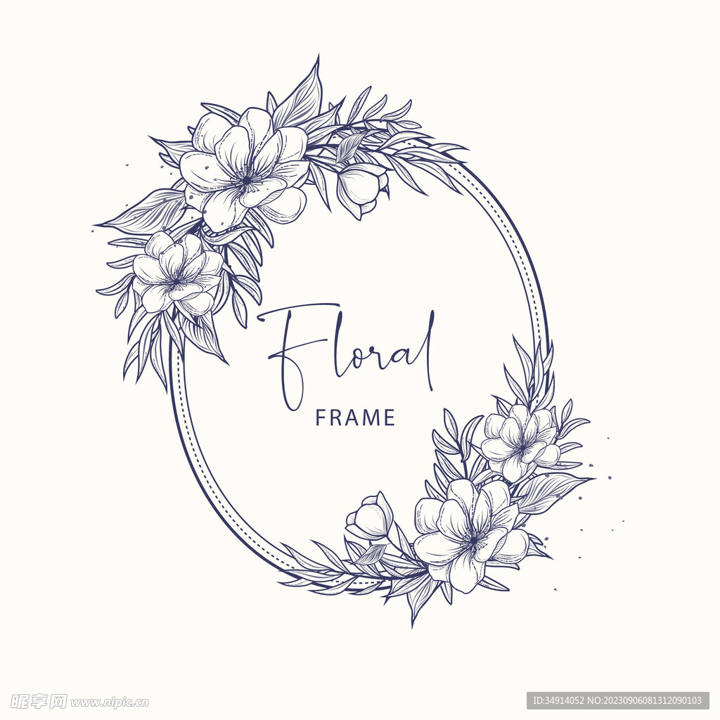 黑白线描椭圆形植物花卉边框