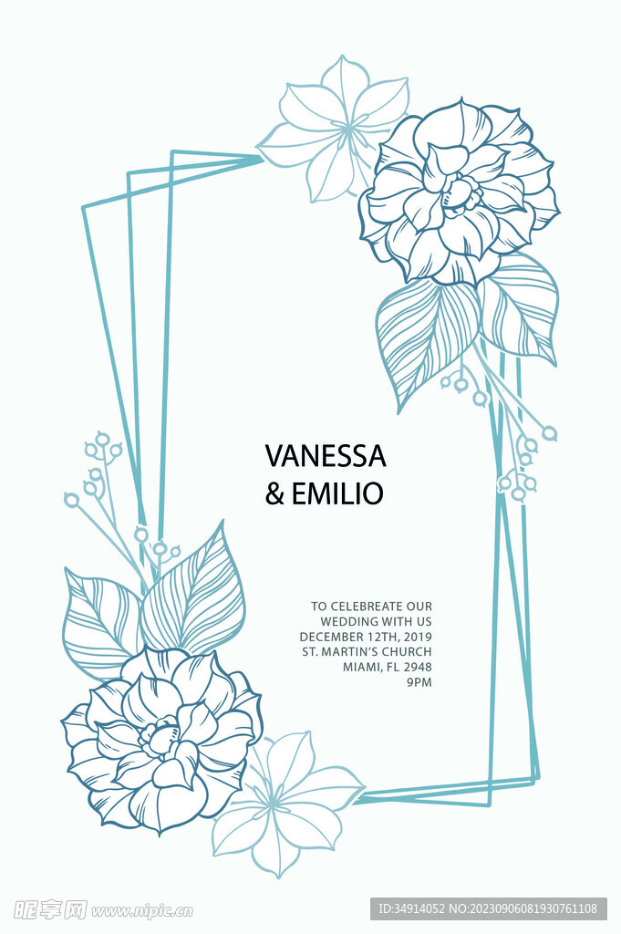 请柬 邀请卡线描花卉花框模板