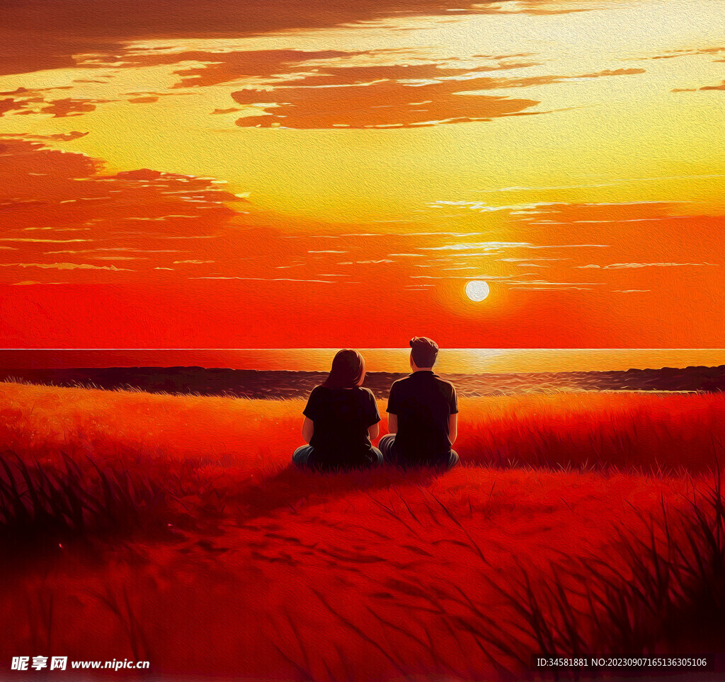 日出黎明情侣油画