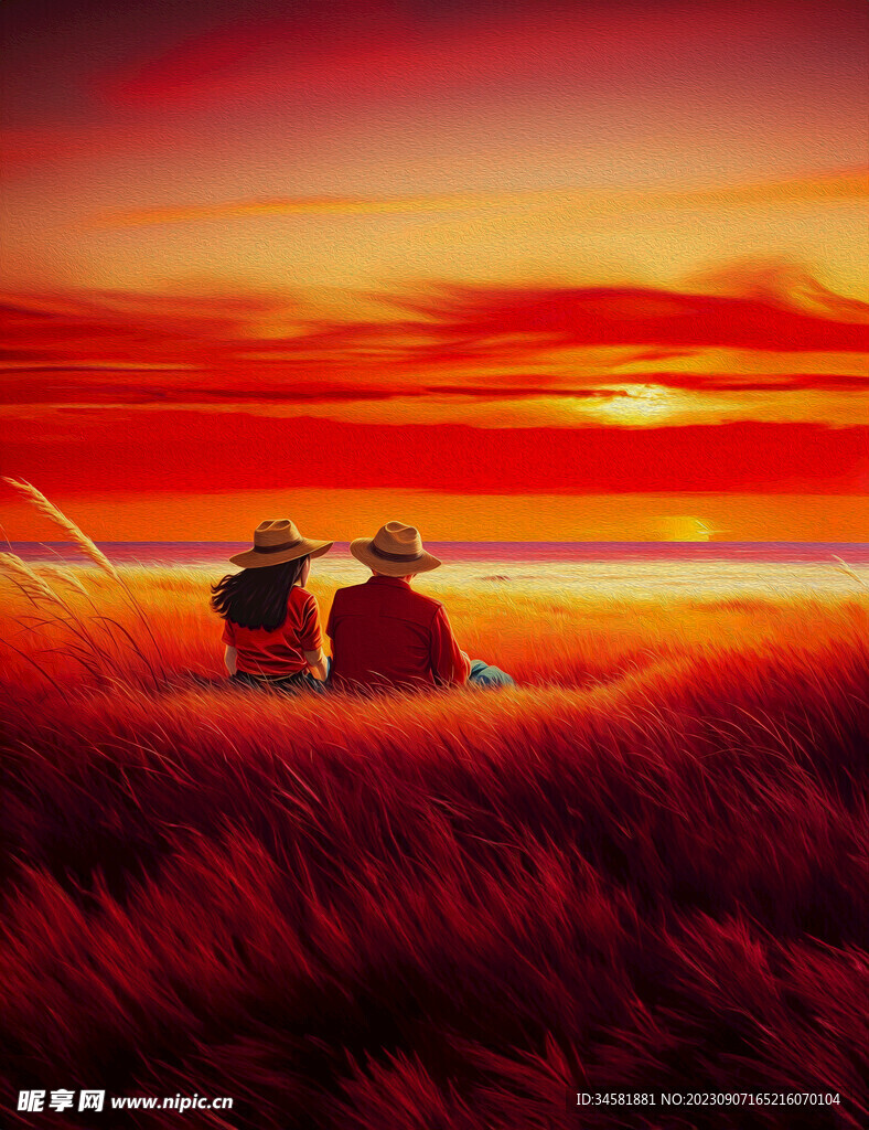 日出黎明情侣油画