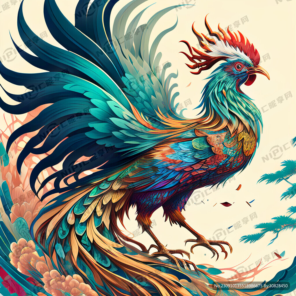 凤凰鸡七彩斑斓废墟复古