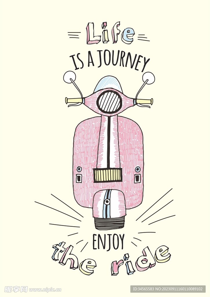 手绘小摩托 踏板车小电驴