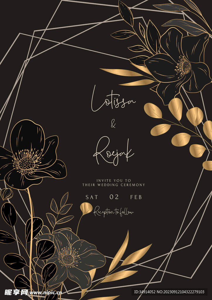 优雅简约婚礼邀请卡与豪华金色花