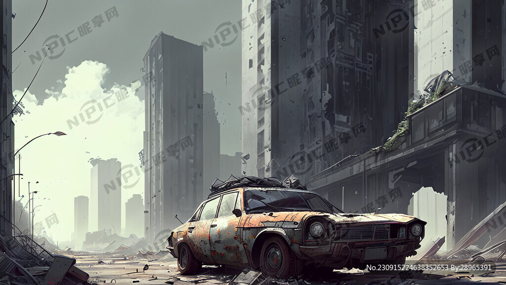 城市废墟 破旧汽车 赛博朋克