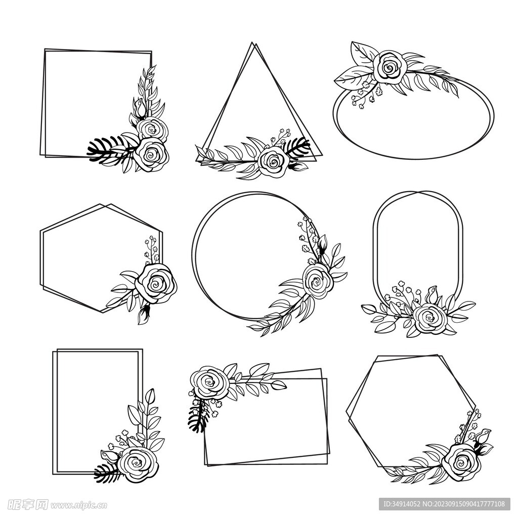 玫瑰花手绘线描花框九组图