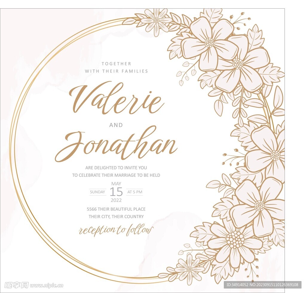 矢量婚礼请柬模板与花卉轮廓