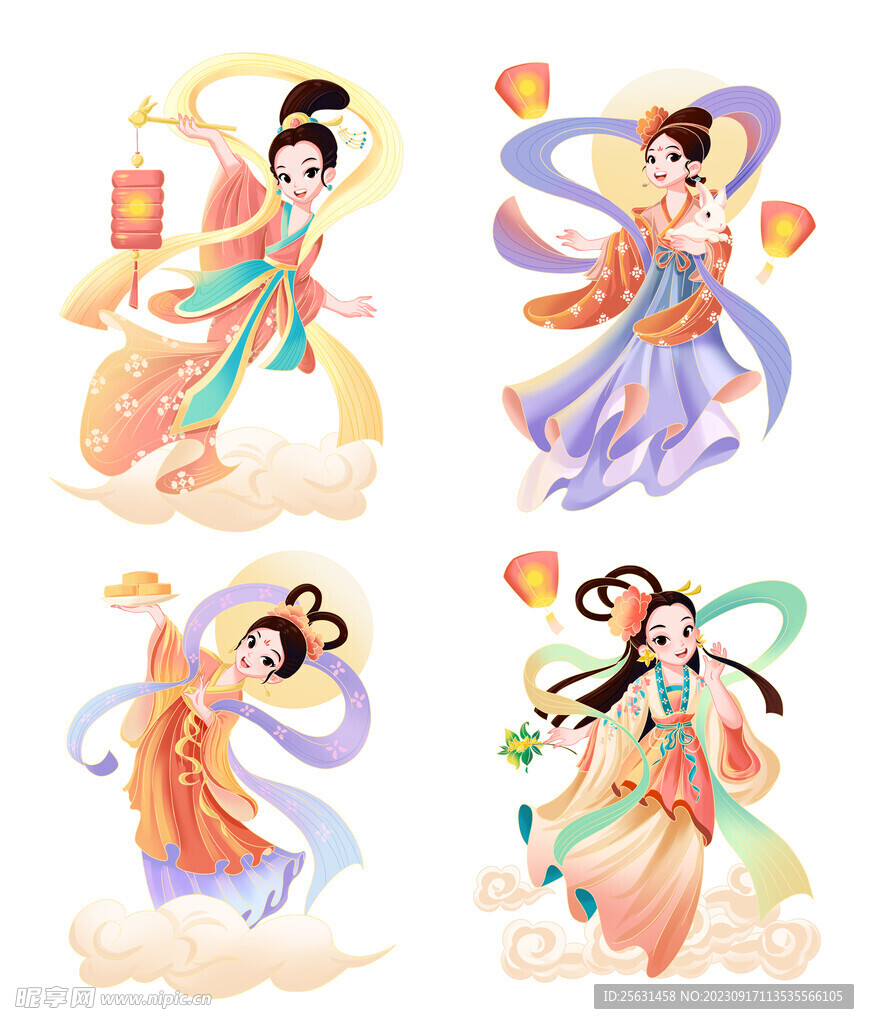 嫦娥奔月中秋节插画素材